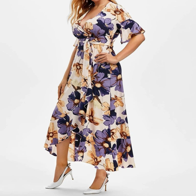 Plus Size Floral Wrap Ruffle Midi Dress