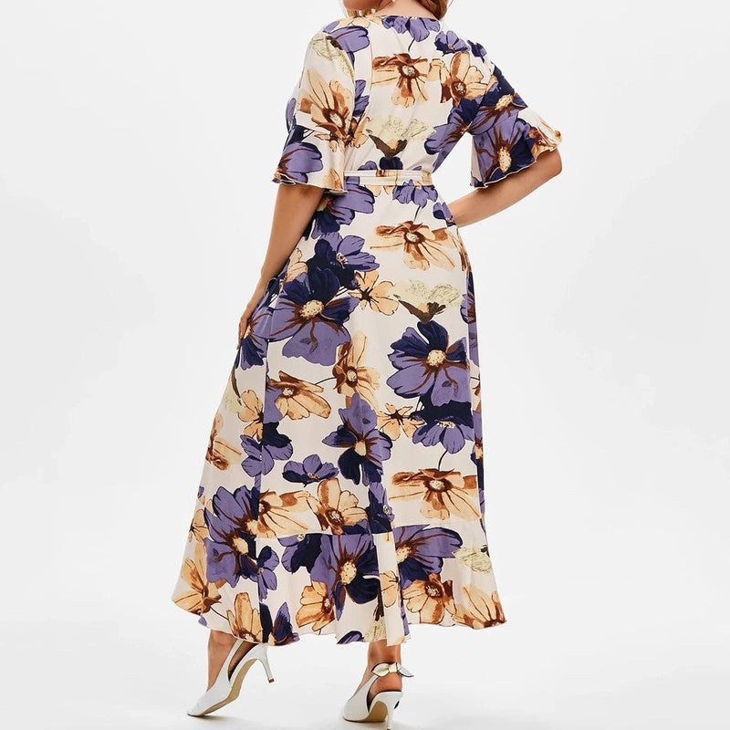 Plus Size Floral Wrap Ruffle Midi Dress