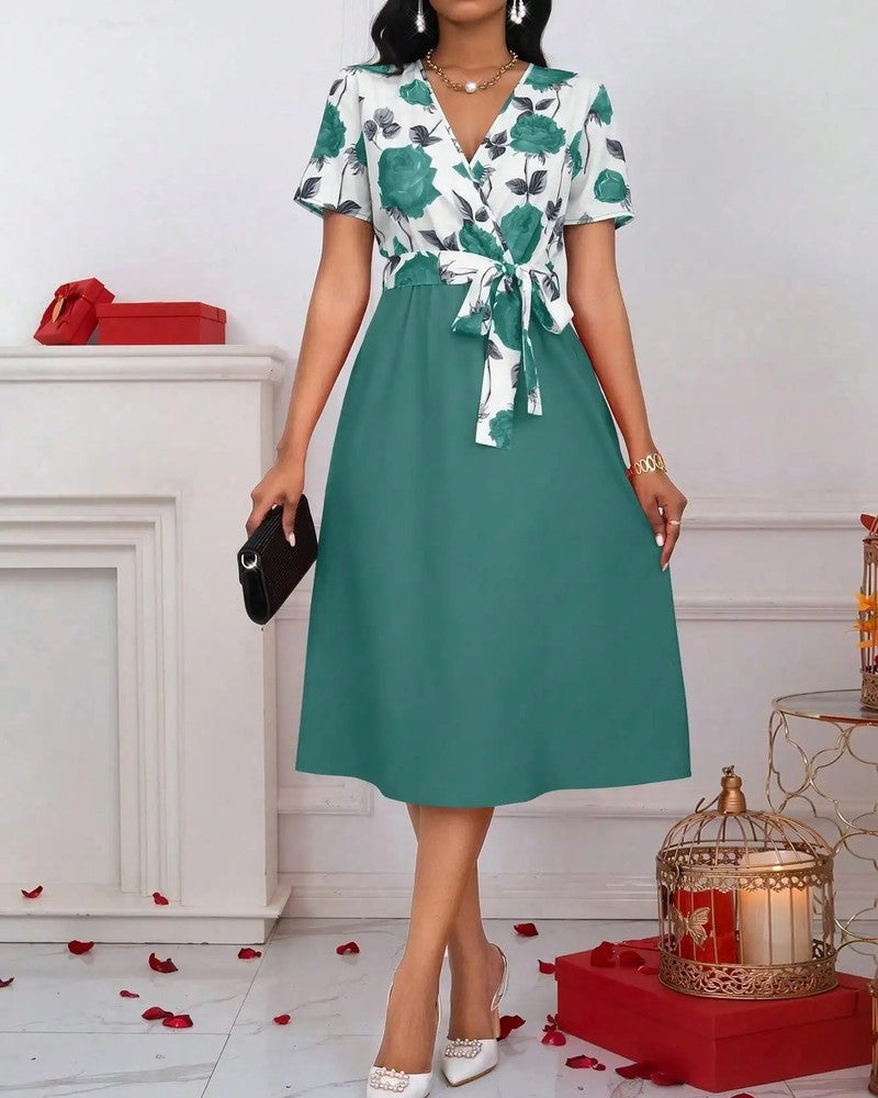 Floral Wrap V-Neck Midi Dress