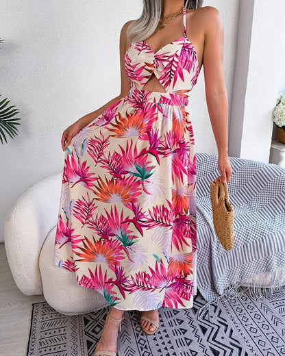 Halter Cutout Tropical Maxi Dress