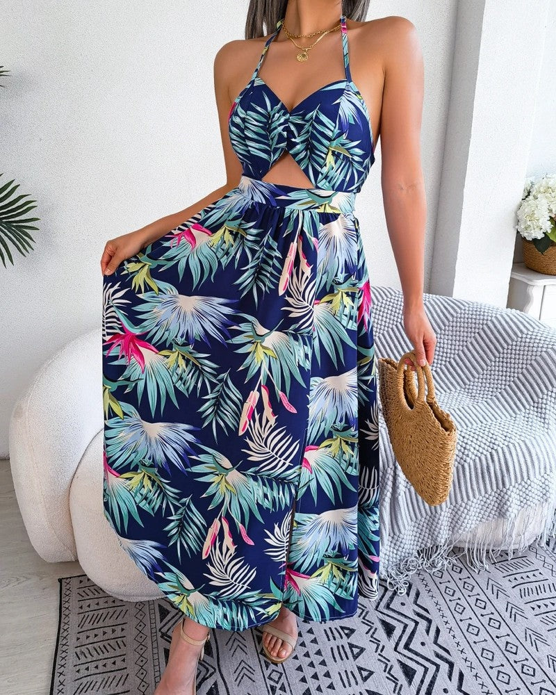 Halter Cutout Tropical Maxi Dress