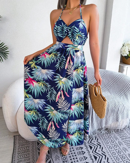 Halter Cutout Tropical Maxi Dress