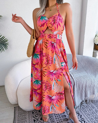 Halter Cutout Tropical Maxi Dress