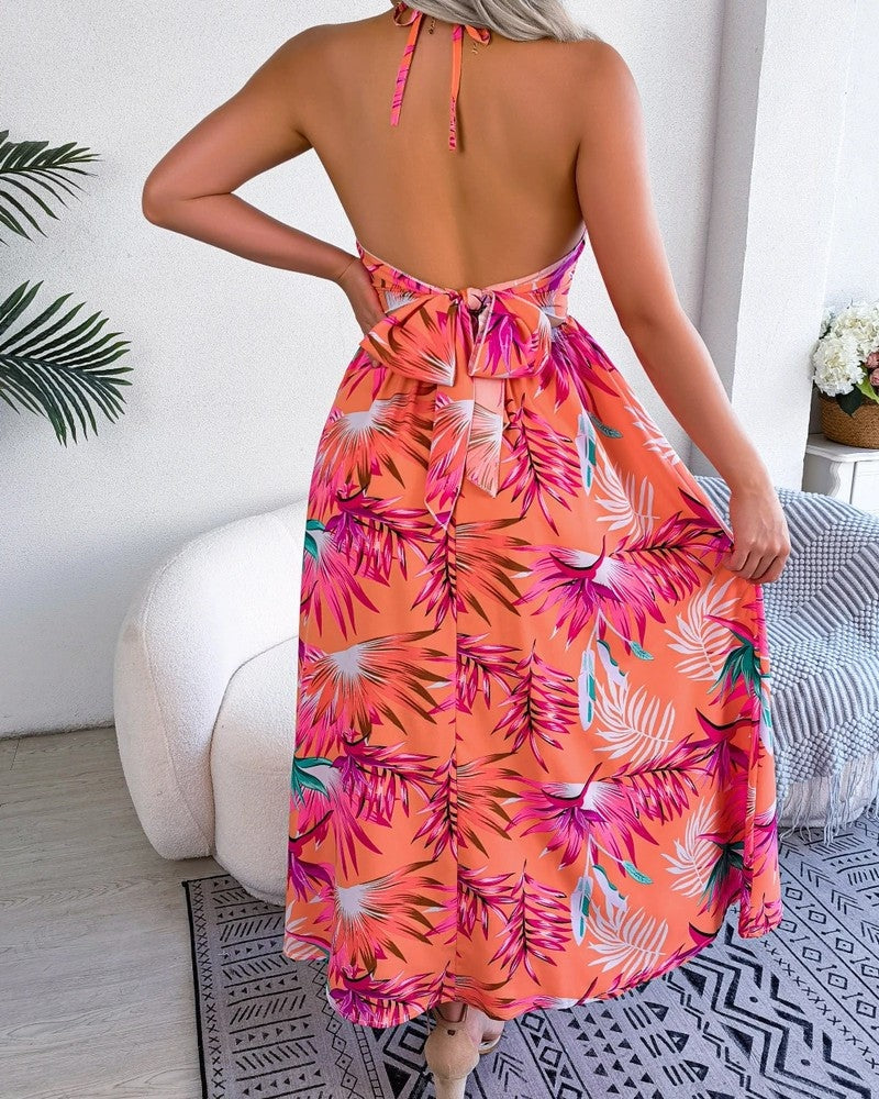Halter Cutout Tropical Maxi Dress