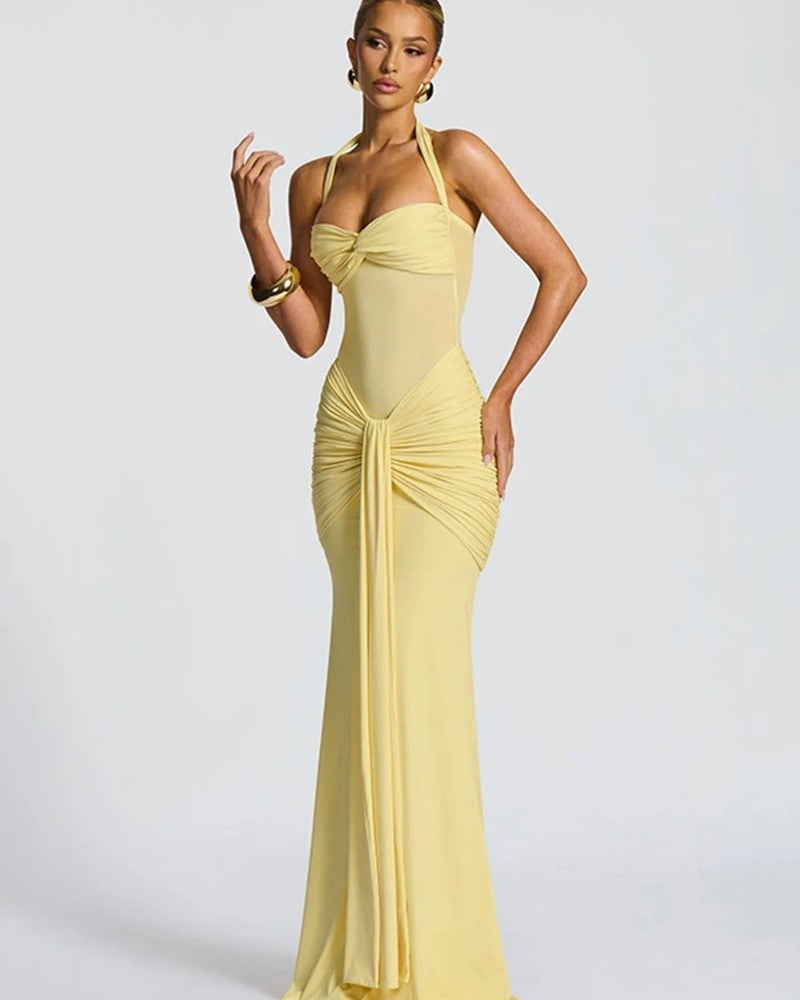 Halter Ruched Maxi Evening Dress