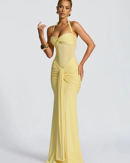 Halter Ruched Maxi Evening Dress