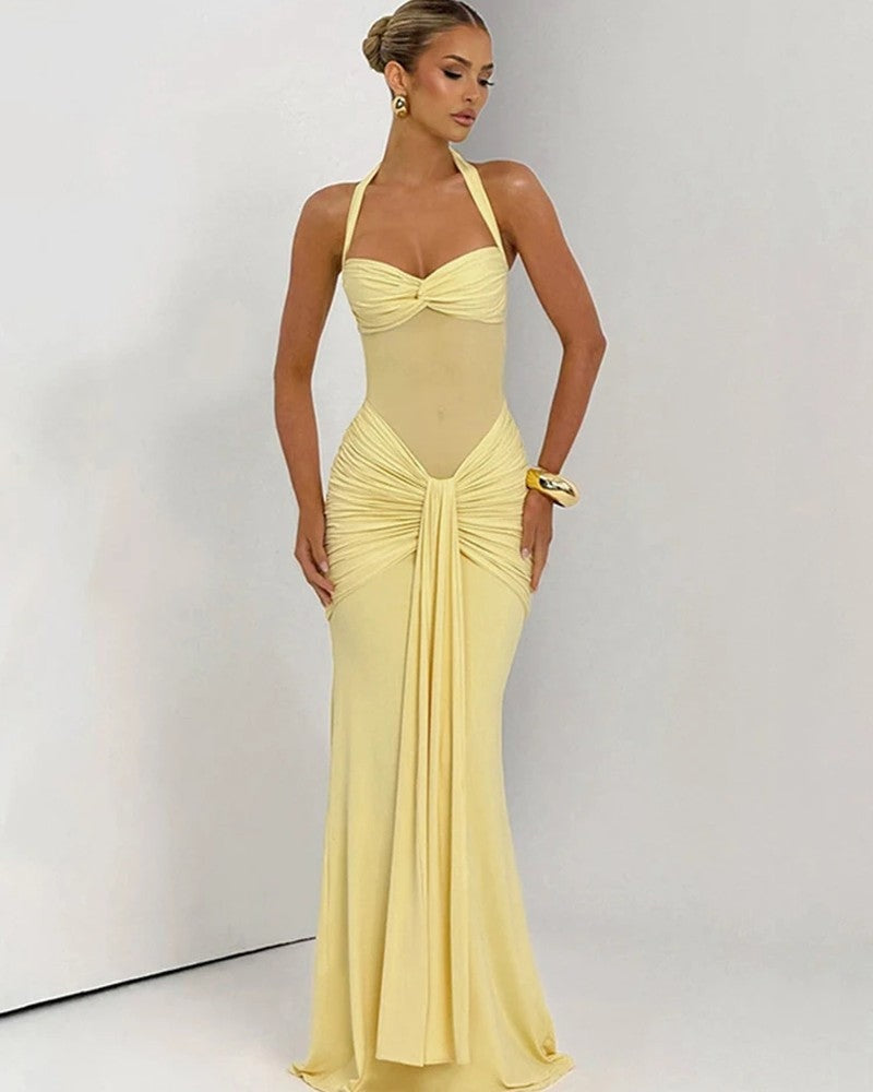 Halter Ruched Maxi Evening Dress