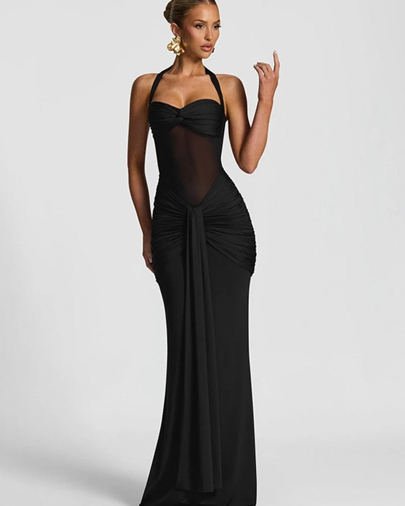 Halter Ruched Maxi Evening Dress