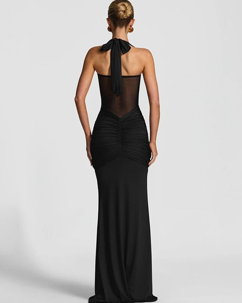 Halter Ruched Maxi Evening Dress
