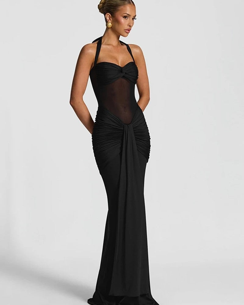 Halter Ruched Maxi Evening Dress