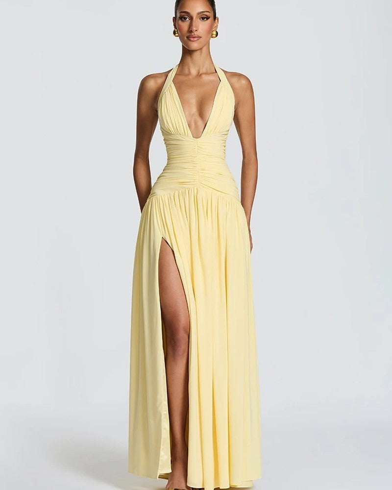 Halter Ruched Slit Maxi Dress