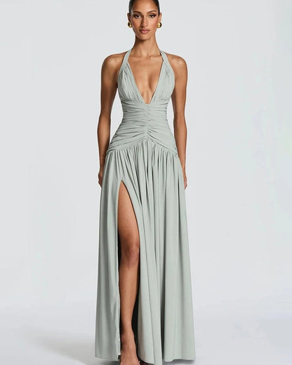 Halter Ruched Slit Maxi Dress