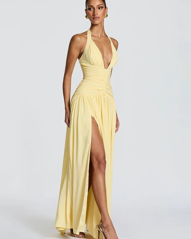 Halter Ruched Slit Maxi Dress