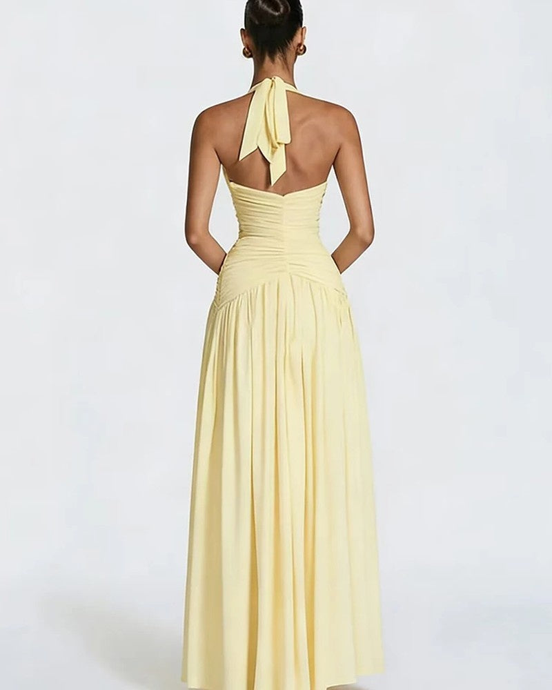 Halter Ruched Slit Maxi Dress