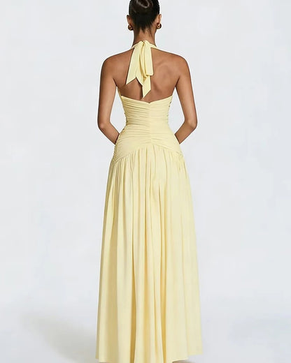 Halter Ruched Slit Maxi Dress