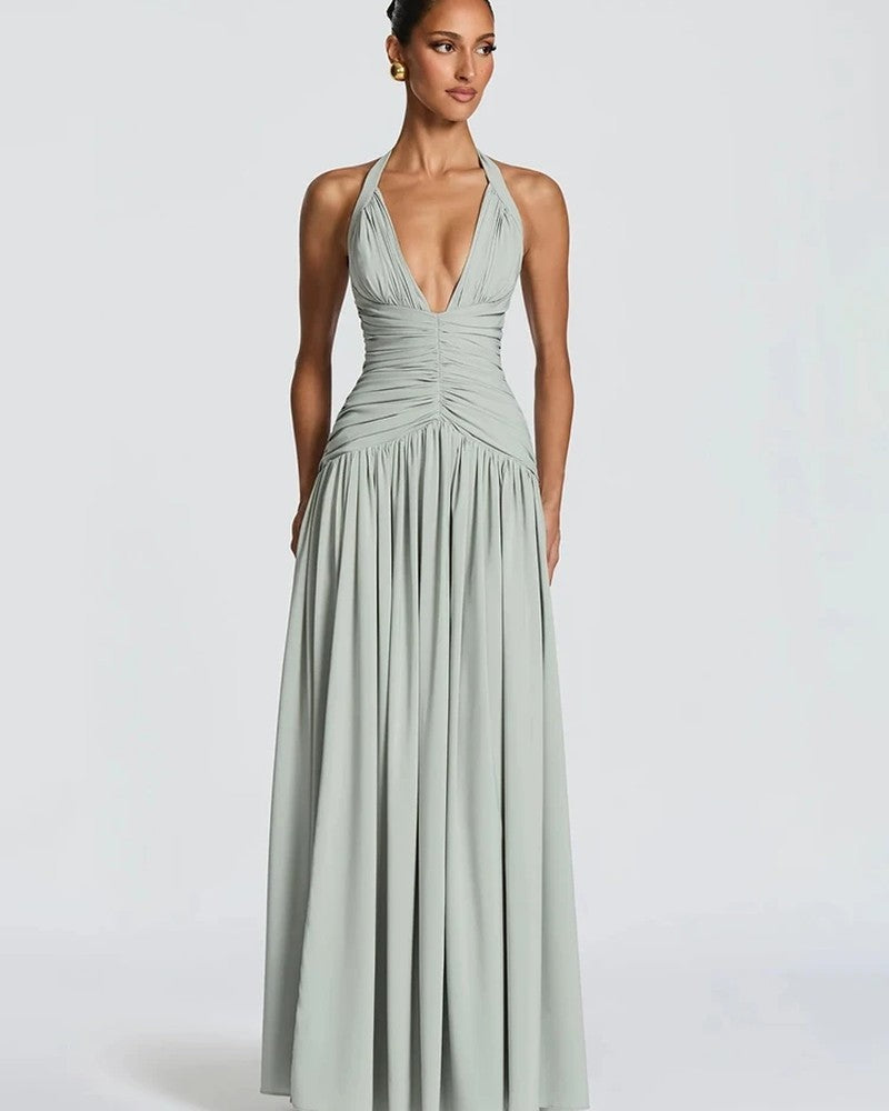 Halter Ruched Slit Maxi Dress