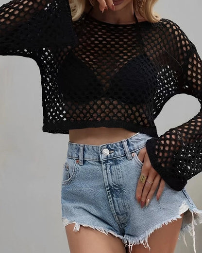 Mesh Long Sleeve Cropped Cover Up