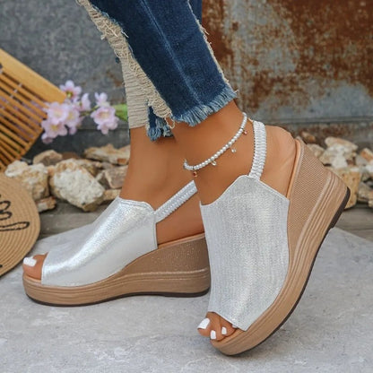 Mirette Elastic Slingback Platform Wedge Sandals