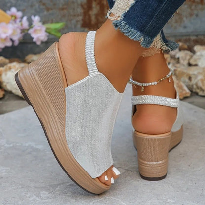 Mirette Elastic Slingback Platform Wedge Sandals