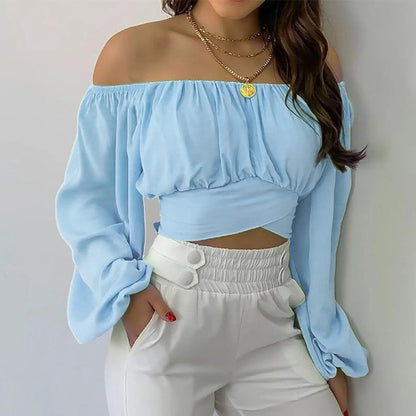 Off-Shoulder Ruched Long Sleeve Crop Top
