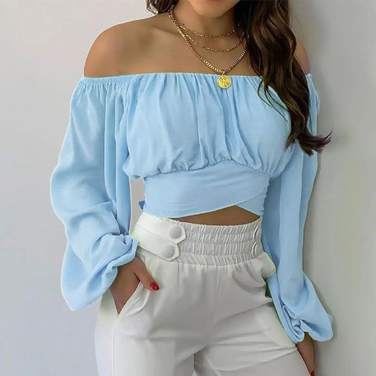 Off-Shoulder Ruched Long Sleeve Crop Top