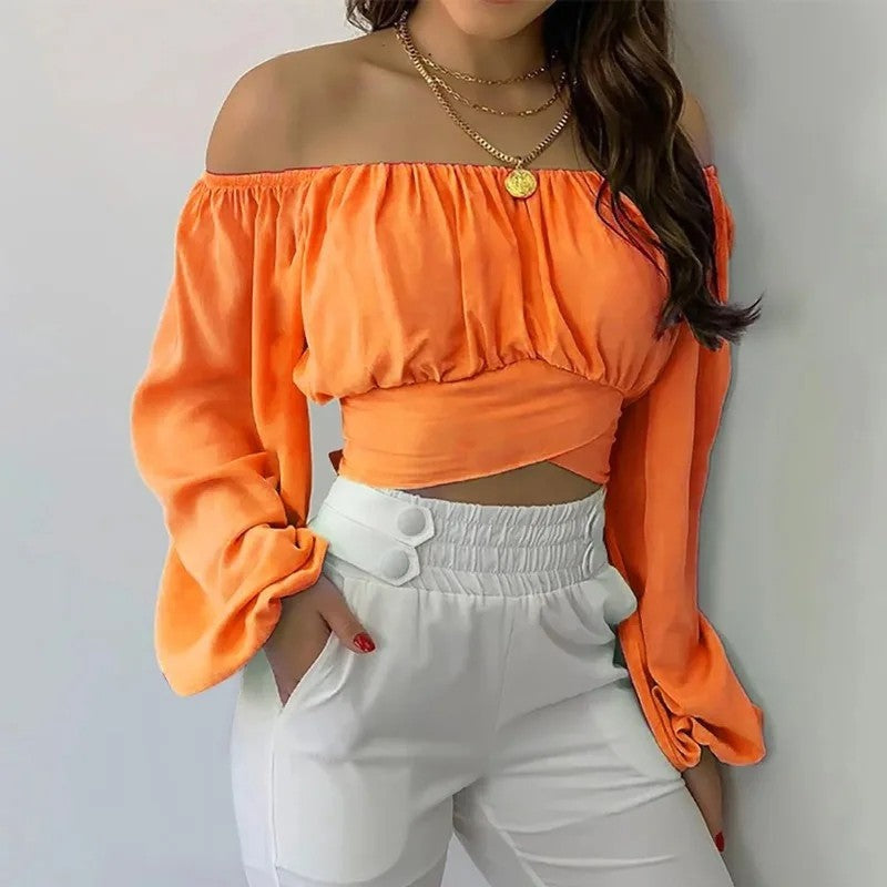 Off-Shoulder Ruched Long Sleeve Crop Top