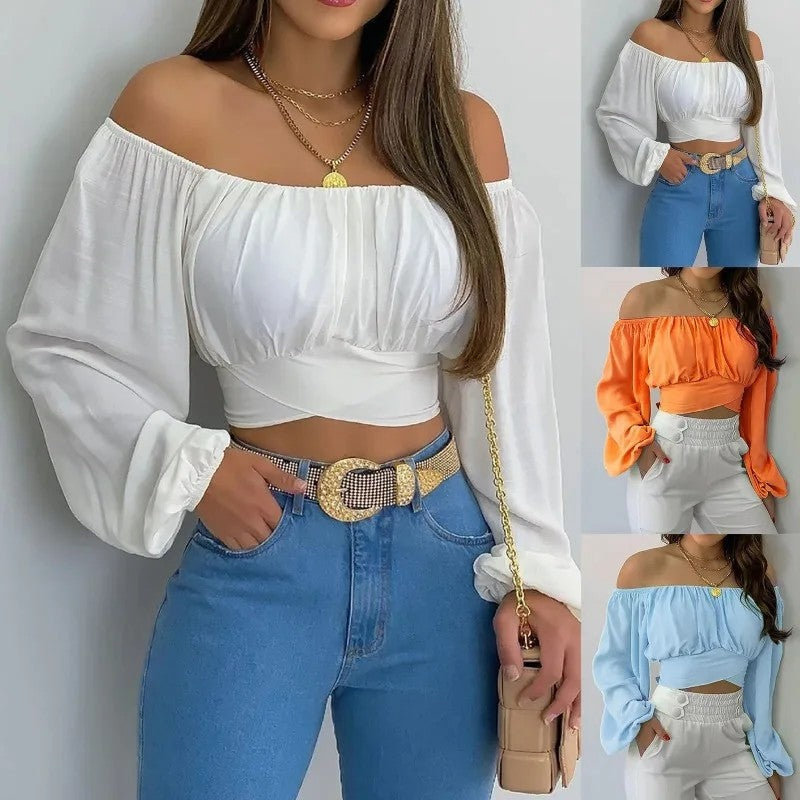 Off-Shoulder Ruched Long Sleeve Crop Top