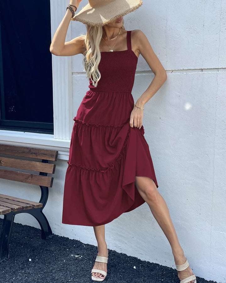 Smocked Tiered Ruffle Midi Dress