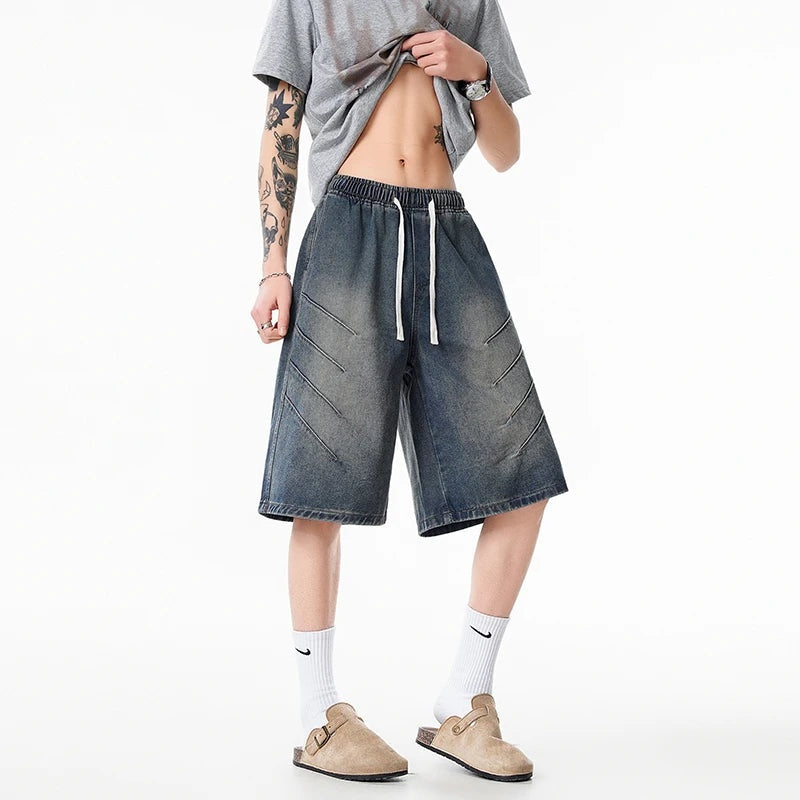 Relaxed Drawstring Knee-Length Denim Shorts