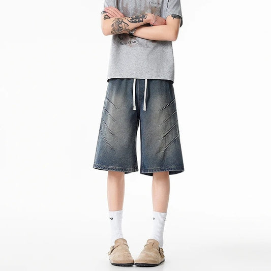 Relaxed Drawstring Knee-Length Denim Shorts