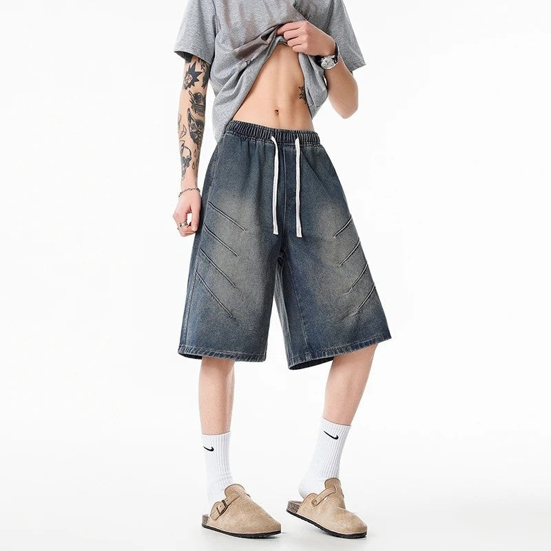 Relaxed Drawstring Knee-Length Denim Shorts