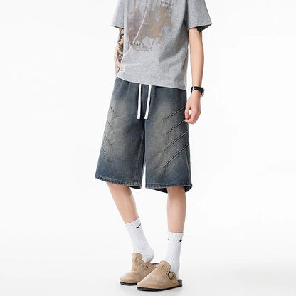 Relaxed Drawstring Knee-Length Denim Shorts
