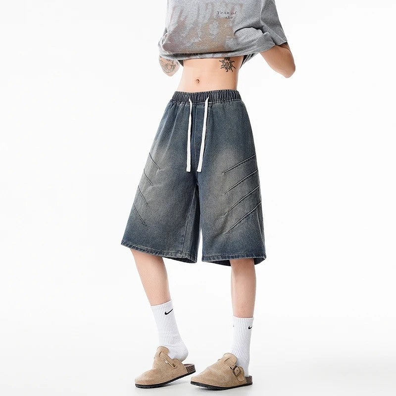Relaxed Drawstring Knee-Length Denim Shorts