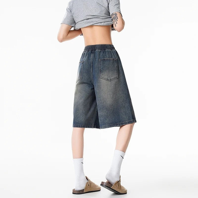 Relaxed Drawstring Knee-Length Denim Shorts