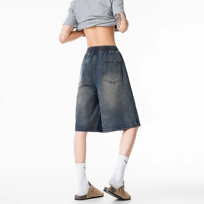 Relaxed Drawstring Knee-Length Denim Shorts