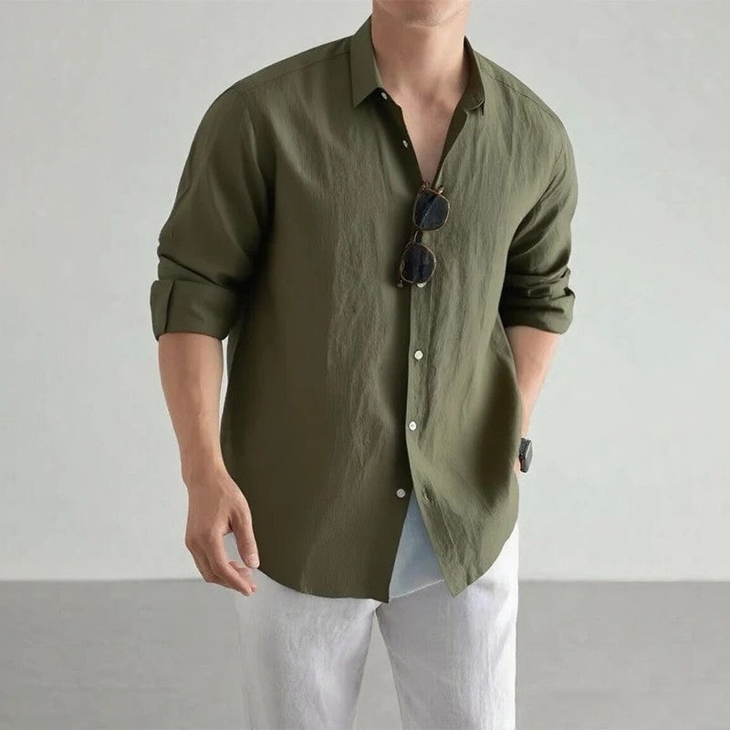 Plus Size Relaxed Linen Long Sleeve Button-Up Shirt