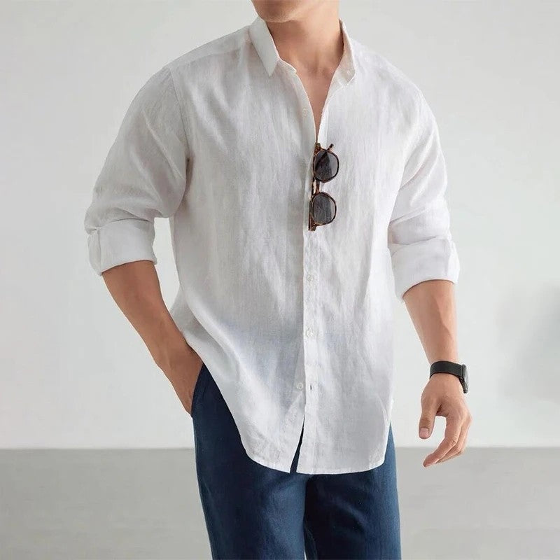 Plus Size Relaxed Linen Long Sleeve Button-Up Shirt