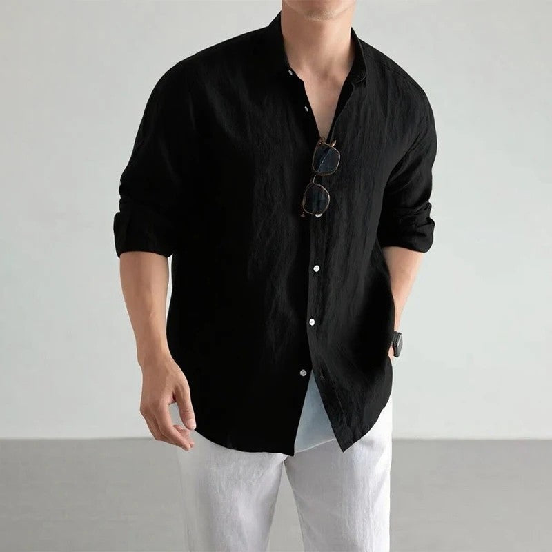 Plus Size Relaxed Linen Long Sleeve Button-Up Shirt