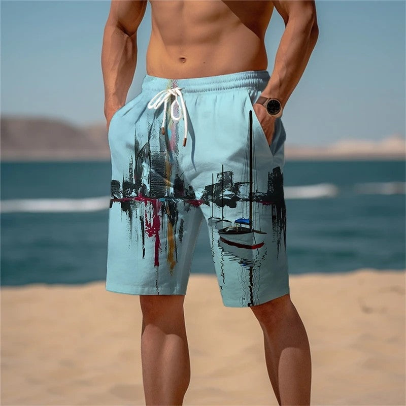 Relaxed Patchwork Drawstring Beach Shorts