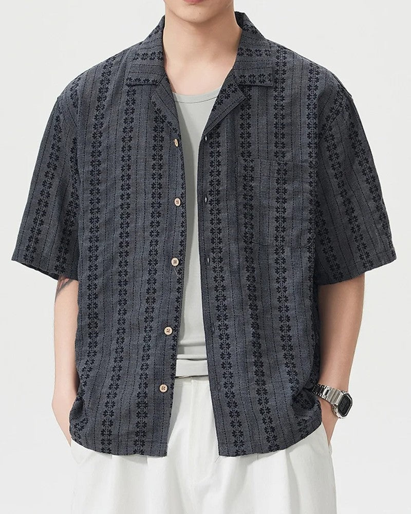 Relaxed Patterned Linen Button-Up Shirt