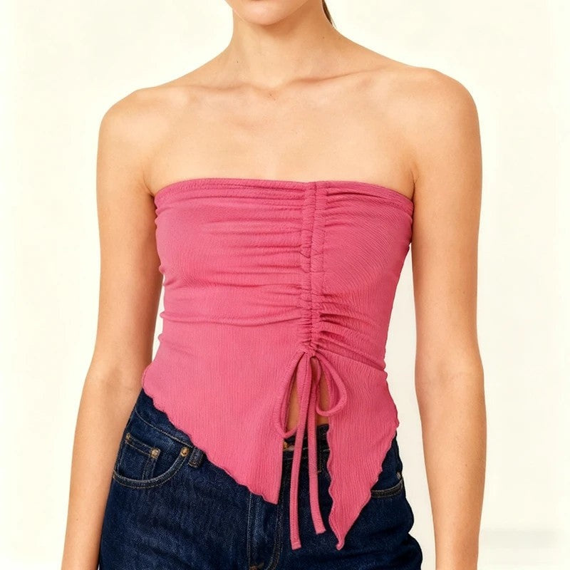 Ruched Asymmetric Hem Tube Top