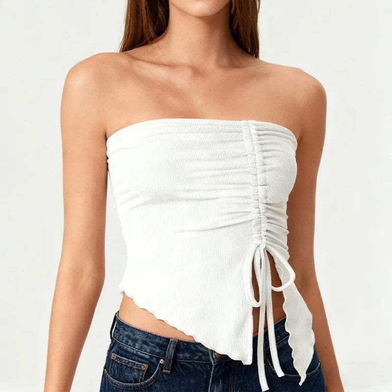 Ruched Asymmetric Hem Tube Top