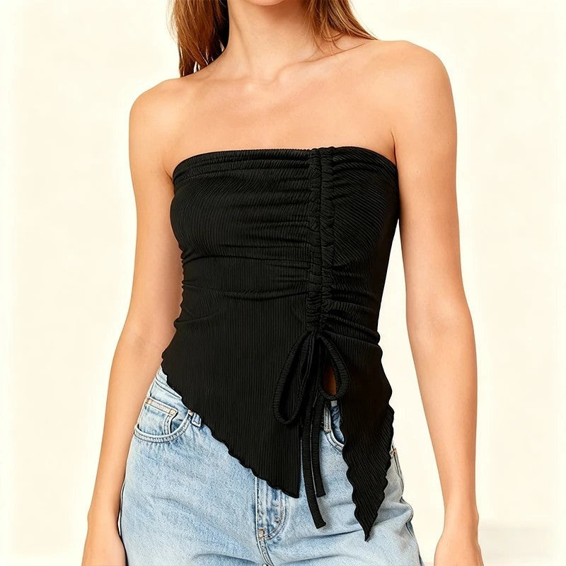 Ruched Asymmetric Hem Tube Top