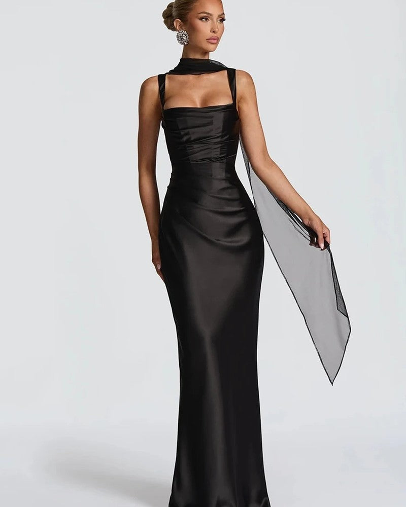 Satin Draped Square Neck Midi Dress