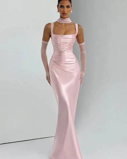 Satin Draped Square Neck Midi Dress