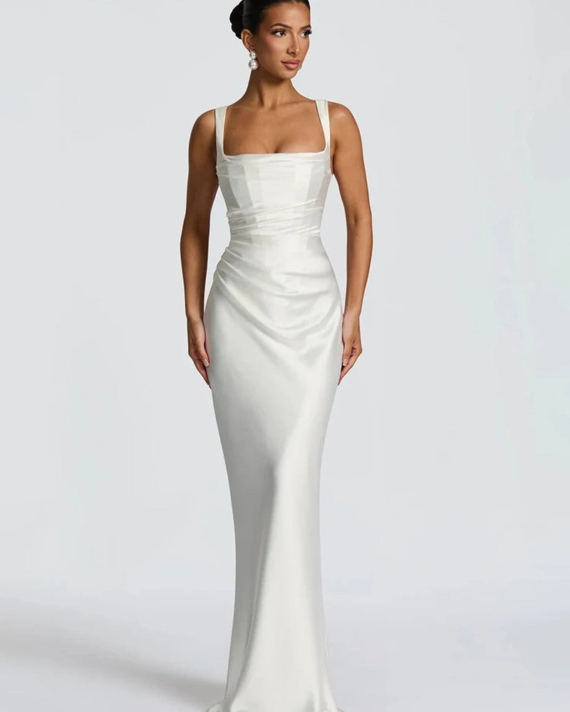 Satin Draped Square Neck Midi Dress