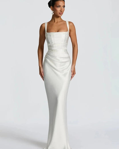 Satin Draped Square Neck Midi Dress