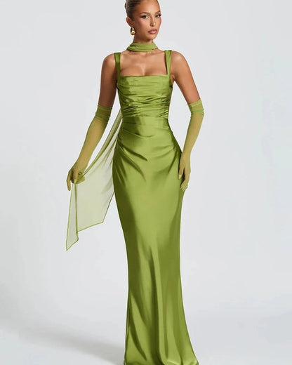 Satin Draped Square Neck Midi Dress