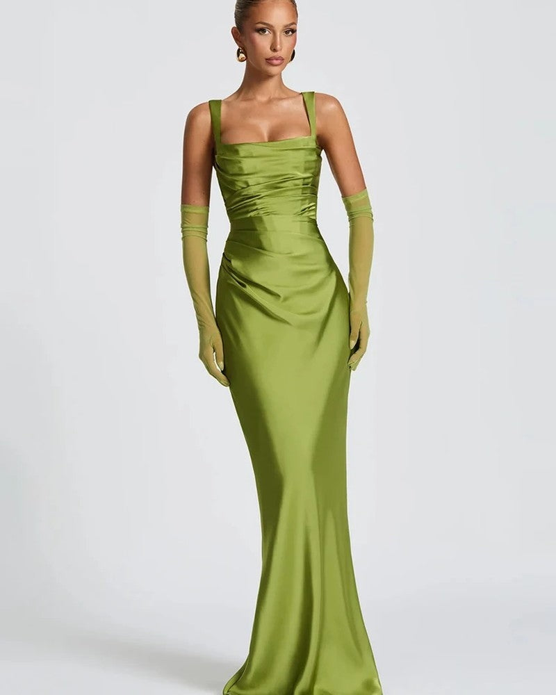 Satin Draped Square Neck Midi Dress