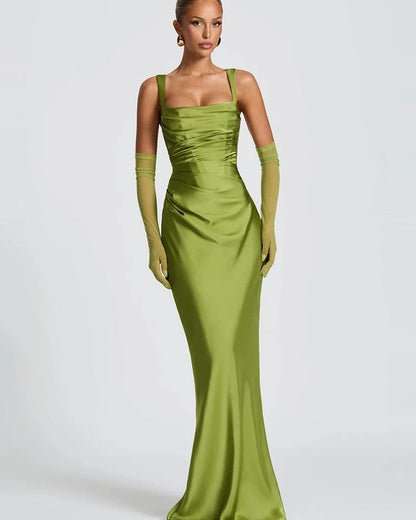 Satin Draped Square Neck Midi Dress